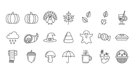 Autumn and Halloween line icons set with pumpkin, turkey, fall leaves, cornucopia, witch hat, candy corn, ghost, pie, scarf, acorn, mushroom, umbrella, hot drink, apple basket, cozy seasonal symbols