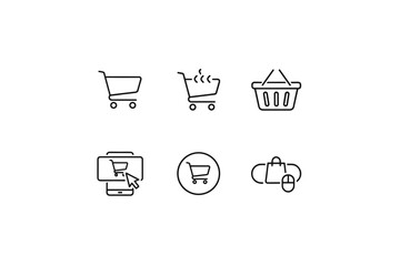 Minimalist Online Shopping Icons Set. Shopping cart, purchase and e-commerce symbols, digital buying, retail basket with mouse pointer, mobile and web shopping vector illustration
