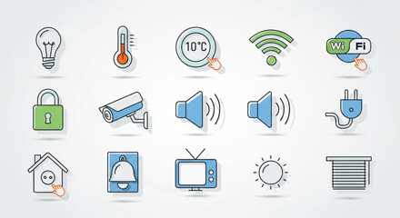 Set of smart home icons includes light bulb, thermometer, temperature, wifi, lock, camera, speaker, plug, house, bell, tv, sun, blind