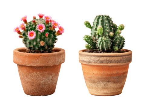 Blooming pink desert flora in rustic terracotta pot, studio lighting, vibrant green succulent, natural growth, cheerful mood, graphic element PNG set with transparent background