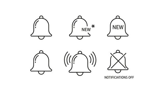 Notification bell icon set with new alerts, ringing, mute, and notification off symbols for app UI, digital alerts, message notifications, and reminders vector graphics