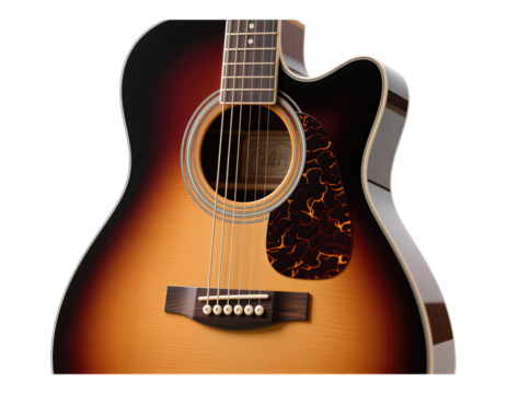 Sunburst Acoustic Guitar with Glossy Finish, Transparent Background, 3D Realism Design Element