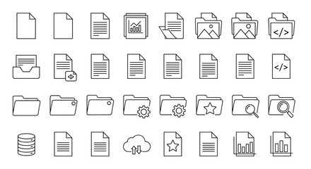 Set of minimal thin line document and folder icons with file types code, charts, cloud sync, search and settings symbols for business and technology design