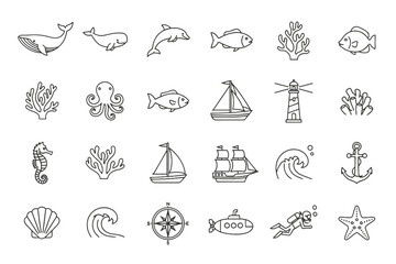 Set of Vector Marine Life and Nautical Icons. Whale, Dolphin, Fish, Coral, Octopus, Seahorse, Sailboat, Lighthouse, Ship, Wave, Anchor, Compass, Submarine, Diver, Shell, Starfish Line Art Collection