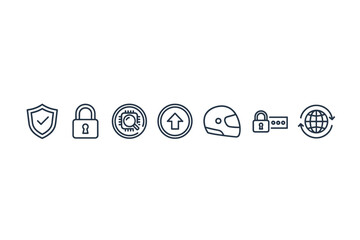 Cyber security icons set including shield protection, padlock security, chip analysis, upload arrow, helmet safety, password lock, and global connection for digital protection and internet safety