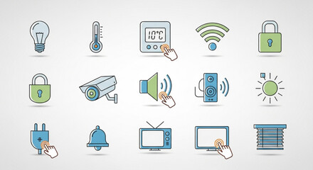 Set of smart home icons includes light bulb, thermometer, temperature, wifi, lock, camera, speaker, plug, house, bell, tv, sun, blind