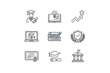 Education and Learning Icons Set, Graduation Cap, Diploma, Online Course, Knowledge Book, Growth Chart, Certificate, Academic Achievement, School Building, Study and Success Concepts