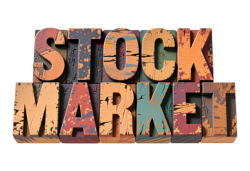 Textured Brown Wooden Letters Spelling "STOCK MARKET" on Transparent Background, 3D Realism Design Element