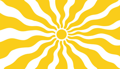 Sun groovy background, summer retro radial rays, yellow graphic wavy burst. style 60s, 70s. Sunshine poster. Cartoon light beam print. Vintage vector illustration