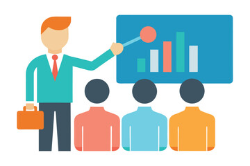 Obraz premium Business presentation with bar chart and audience depicted in flat illustration