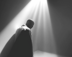 Silhouetted figure under dramatic light rays piercing darkness, with shadow
