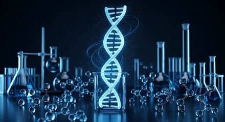 3D glowing DNA helix emerging from glass beaker with molecular structures, science research, biotechnology, and laboratory concept.