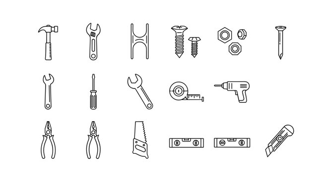 Work tools line icon set for construction and repair. Carpentry, renovation, and DIY toolkit symbols. Vector graphic collection of hammer, wrench, screwdriver, saw, drill.