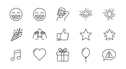 Positive emotion and celebration line icon set. Vector symbols for happy, smile, laugh, like, love, party, gift, success, star, favorite, new, alert and user interface design.