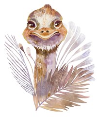 Watercolor illustration of baby ostrich head among boho safari leaves in beige and gold tones perfect for nursery decor kids prints posters and tropical jungle themed design