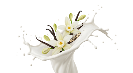 White flowers and vanilla pods splashing in milk isolated on transparent background