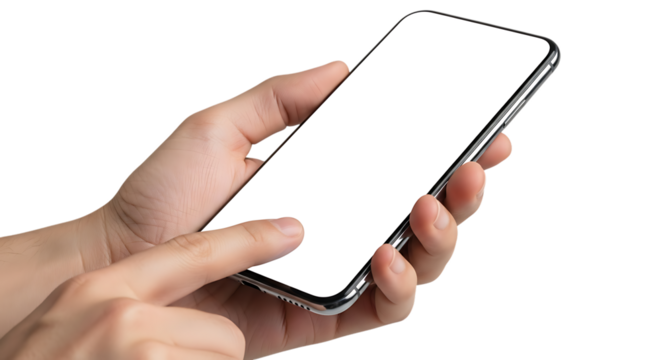 Hand holding a modern smartphone with a blank screen isolated on transparent background