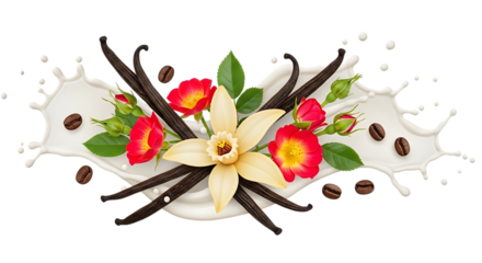 Vanilla orchid with flowers and coffee beans splashing in milk isolated on transparent background