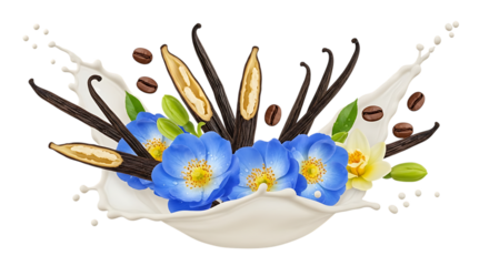 Blue flowers vanilla beans coffee beans and milk splash isolated on transparent background