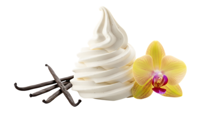 Soft serve vanilla ice cream with orchid and vanilla beans isolated on transparent background