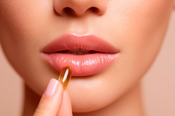 Naklejka premium A close-up of a woman's face holding a vitamin pill