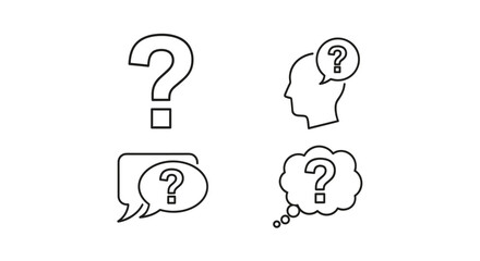 Question mark vector line icon set. Concepts of FAQ, asking, help, support, and query. Human head thinking, speech bubble, and thought cloud symbols for doubt and problem-solving.
