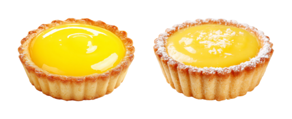 Delicious golden lemon tartlet with vibrant yellow curd, expertly lit and composed for a mouthwatering gourmet dessert presentation PNG set with transparent background