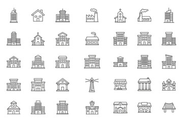 Buildings and architecture line icon set. Urban and suburban property symbols. Cityscape elements. House, office, bank, school, church, factory vector pictogram collection.