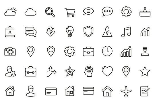 Collection of universal line icons for web, mobile. Business, e-commerce, user interface pictograms. Finance, travel, communication symbols. Outline icons like home, user, chart, search, heart.