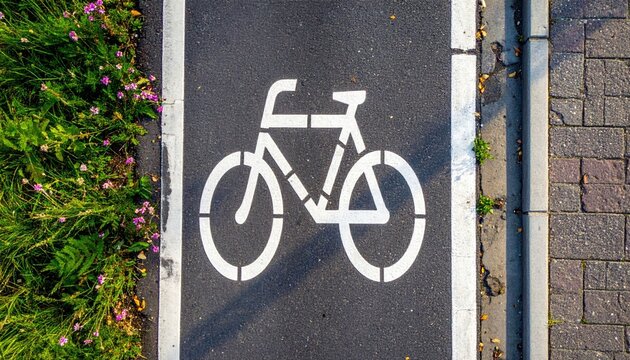 Aerial View of a White Bicycle Symbol Painted on Dark Asphalt Bike Lane Next to Green Grass and Cobblestone Sidewalk