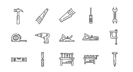 Fototapeta premium Carpentry tools line icon set. Woodworking, construction and repair equipment collection. Vector icons of hammer, saw, drill, plane, chisel, workbench for DIY projects.