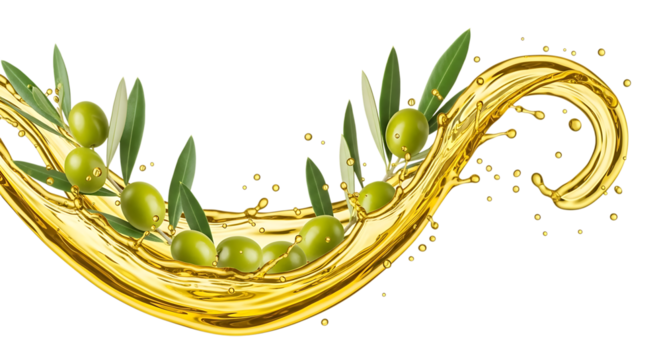 Fresh green olives with golden oil splash isolated on transparent background