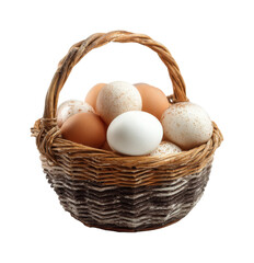 A rustic wicker basket brimming with fresh, speckled and brown eggs, artfully arranged with a soft spotlight creating a warm, natural glow, ideal for culinary, Easter, or healthy eating themes, PNG...