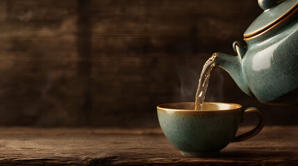 Tea pot pouring into a cup on one side of frame with empty wooden background