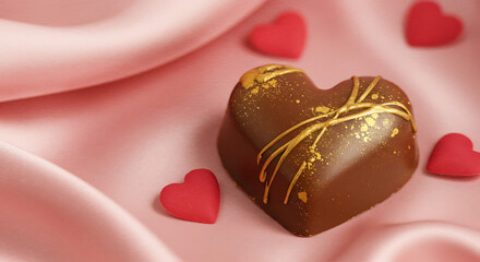 figurative chocolate heart with gold accents, set on soft pink satin fabric