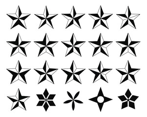 Set of ninja star icons, black vector silhouettes isolated on white background, throwing stars, shuriken illustration, martial arts weapon, stealth attack, Japanese ninja weapon vector
