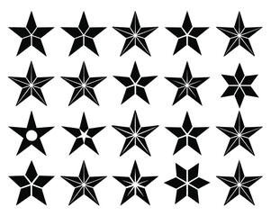 Set of Ninja Stars Icons, Black Vector Silhouettes on White Background, Martial Arts Weapon Symbols