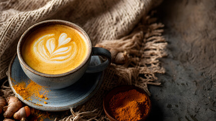 Turmeric latte with latte art in rustic surroundings
