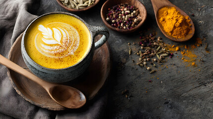 Turmeric latte with latte art in rustic surroundings