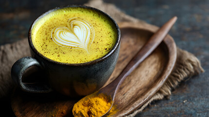 Turmeric latte with latte art in rustic surroundings