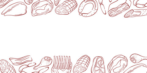 Border frame with various meat cuts, chicken, bacon in line art style. Perfect for butcher shop design, recipe book or flyer.