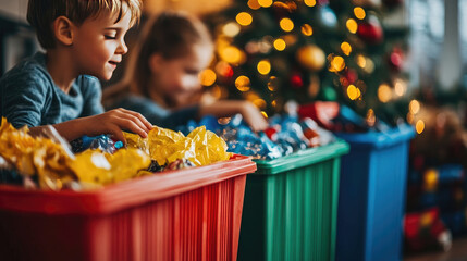 kids sorting Christmas waste at home, paper, plastic, and cardboard in separate bins, eco-friendly lifestyle, post-holiday cleanup,