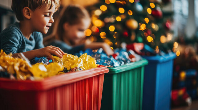 kids sorting Christmas waste at home, paper, plastic, and cardboard in separate bins, eco-friendly lifestyle, post-holiday cleanup, - Powered by Adobe
