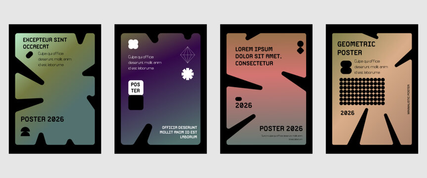 Posters with gradient minimalistic basic figures, extraordinary graphic assets of geometrical shape. Modern minimal colorful print brutalist.	
