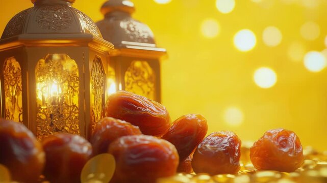 This showcases the beautifully lit lanterns and a delicious assortment of dates, an integral part of many Ramadan traditions.