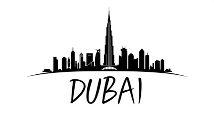 Naklejka premium A detailed vector illustration of the Dubai skyline at eye-level, rendered in solid black on a pristine white background, showcasing the iconic Burj Al Arab in silhouette form, along with surrounding 