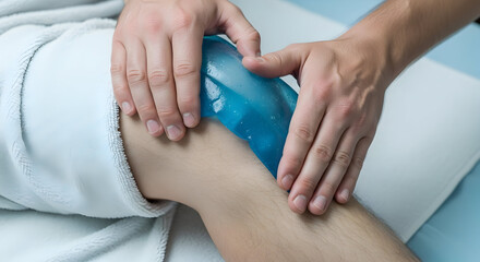 Fototapeta premium Hands Applying Cold Compress to An Injured Knee for Therapeutic Pain Relief and Recovery in a Clinical Setting