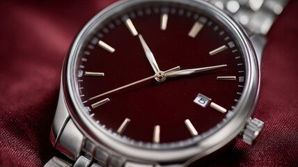 Elegant stainless steel watch on a rich red background