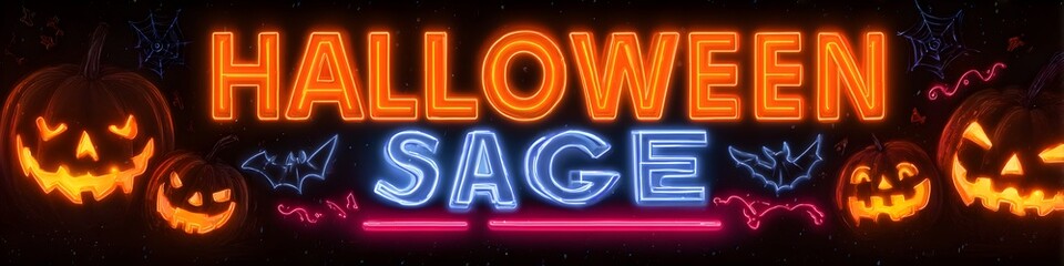 Vibrant neon Halloween typography with jack-o'-lanterns, bats, and spooky festive design elements.