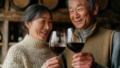 Wine cellars – smiling senior couple toasting red wine, warm connection – rustic candid lifestyle portrait – ideal for hospitality, winery tourism, celebration branding, and tradition storytelling
